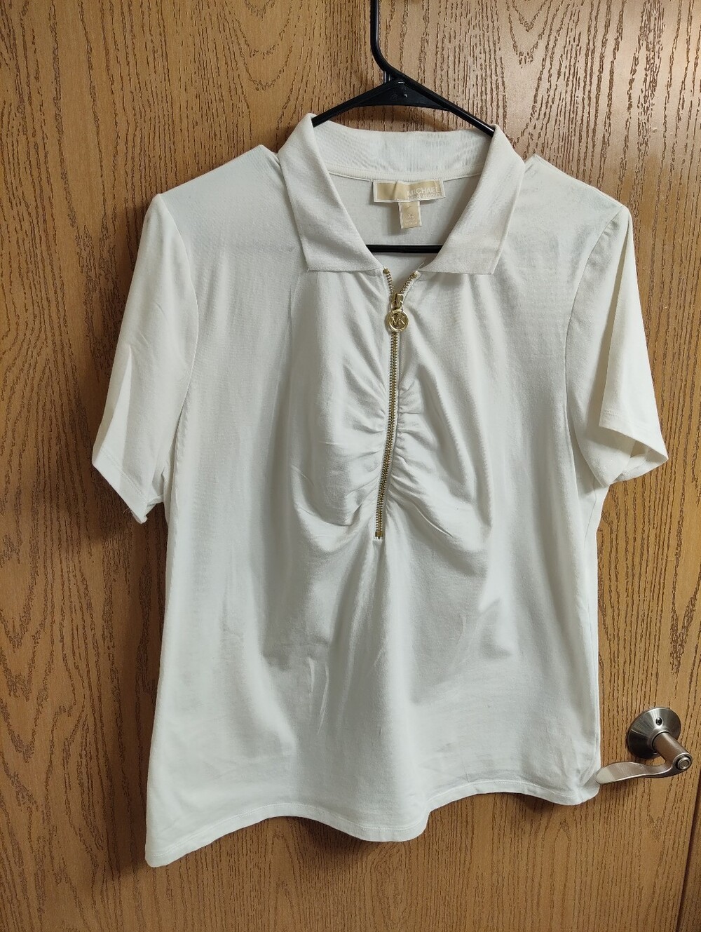 Michael Kors Cream Short-Sleeve Polo Top with Gold Zip